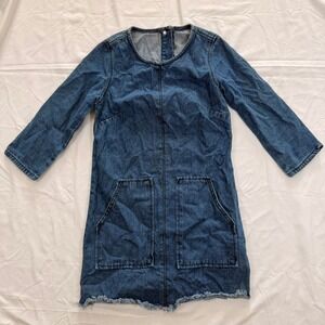 Unbranded Blue Denim Shift Mini Dress 3/4 Sleeve Raw Hem Pockets Size 4